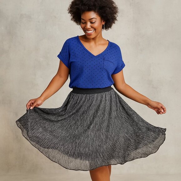 Cato Full Midi Length Pleated Lame Skirt Large Silver Black Stretchy Preppy Y2K - Picture 1 of 6